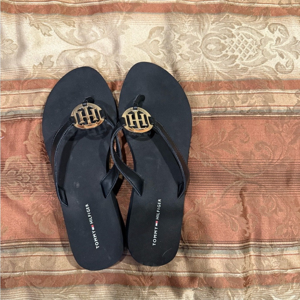 Tommy Hilfiger Black Sandals with Gold Emblem